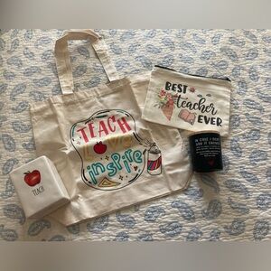 NEW Teacher Tote, Pouch, Ceramic Teach Pencil holder with Candle, 2 notepads